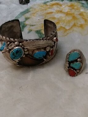 Mens Native American Naiajo Turquoise Coral Sterling Silver Snake Eye Watch Cuff